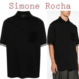 SIMONE ROCHA BLACK CORDED LACE-DETAIL POLO SHIRT SIMONE ROCHA - MEN SZ M 487$